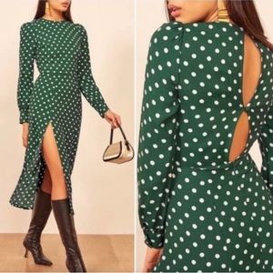 Green polka dot Reformation long sleeve dress size 0